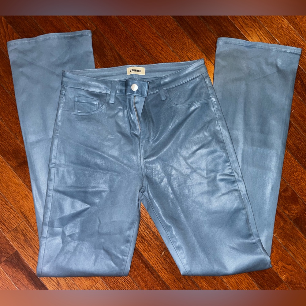 🩵 NWOT L'AGENCE size 31 sky blue metallic COATED DENIM! These pants are stunning